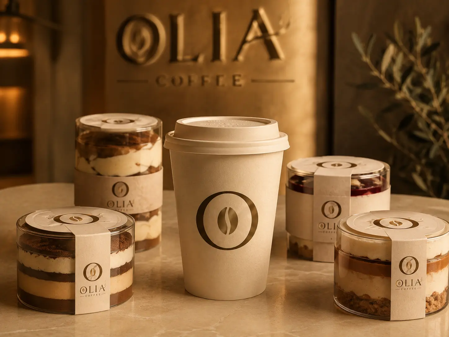Фирменный стакан и десерты OLIA у вывески кофейни